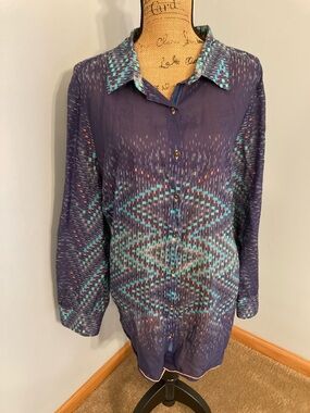 Johnny Was Cotton Silk Geometric-Print Button Front Blouse Women 3X Navy/Teal